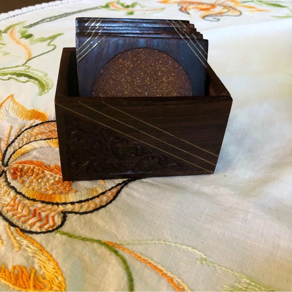 Vintage Rosewood Box with Set of Six Coasters. Brass Inlay and Floral Carving